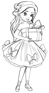 Desenho da menina com presente para pintar