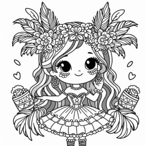 Desenho da menina com adereços e máscara de carnaval para imprimir