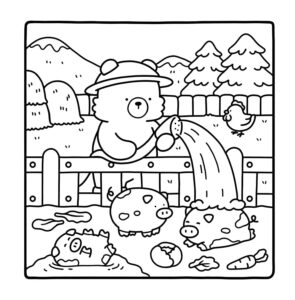 Desenho de urso na fazenda com porquinhos de bobbie goods para colorir