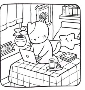 Imagem de gato trabalhando no notebook no quarto de bobbie goods para imprimir