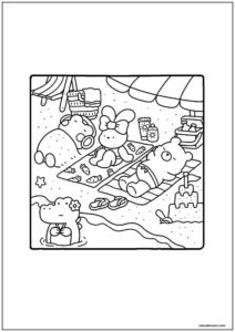 Desenho de cozy friends na praia para colorir