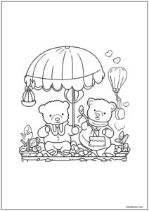 Desenho de amigos aconchegantes ursinhos embaixo do guarda chuva para imprimir